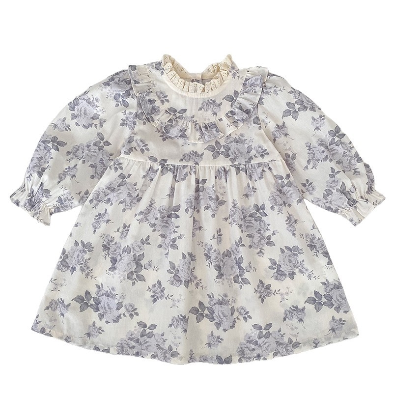Rochie pentru fetițe, imprimeu floral, mâneci lungi, guler cu volane, stil prințesă pentru primăvară, modă coreeană