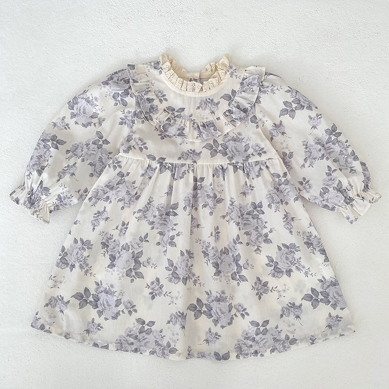 Rochie pentru fetițe, imprimeu floral, mâneci lungi, guler cu volane, stil prințesă pentru primăvară, modă coreeană