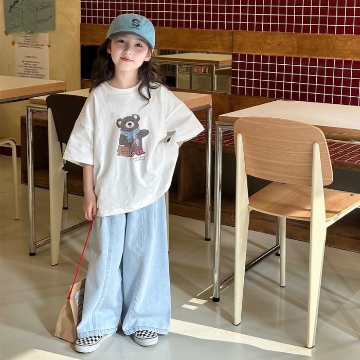 Tricou pentru fetițe din bumbac 100%, mânecă scurtă, imprimeu cu desene animate, respirabil, guler rotund, vară 2026