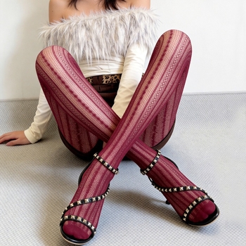 Colanți vintage jacquard pentru femei, stil japonez, dungi subțiri, plasă decupată sexy, ultra-subțiri