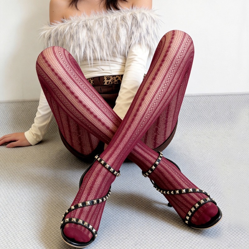 Colanți vintage jacquard pentru femei, stil japonez, dungi subțiri, plasă decupată sexy, ultra-subțiri