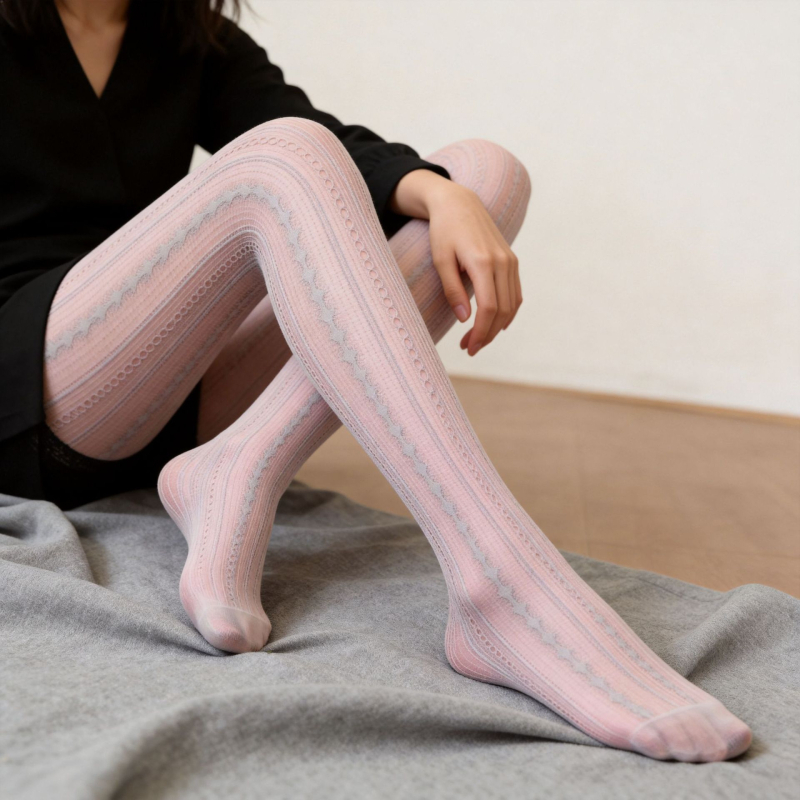 Colanți vintage jacquard pentru femei, stil japonez, dungi subțiri, plasă decupată sexy, ultra-subțiri