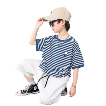 Genius Whale tricou din bumbac pentru copii, mânecă scurtă, vară, croială lejeră, imprimeu cartoon și dungi