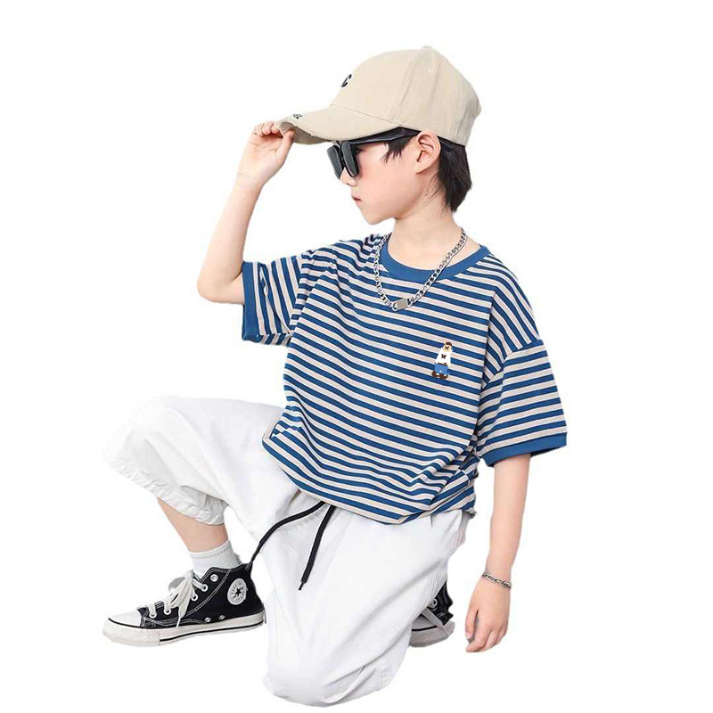 Genius Whale tricou din bumbac pentru copii, mânecă scurtă, vară, croială lejeră, imprimeu cartoon și dungi