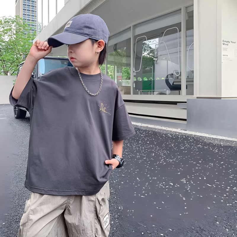 Tricou băieți din bumbac, croială lejeră, mânecă scurtă, guler rotund, stil coreean, vara 2025