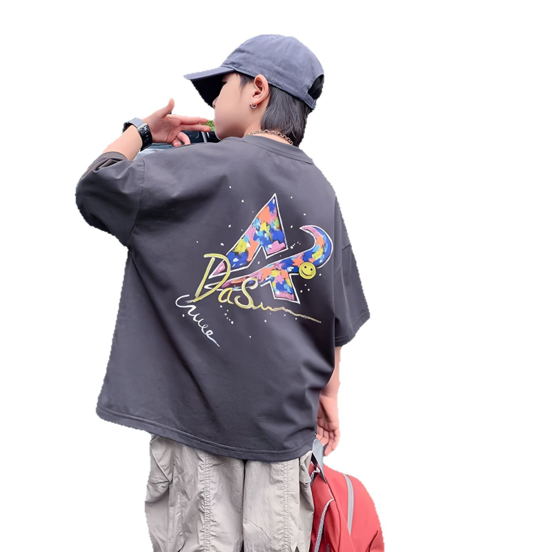Tricou băieți din bumbac, croială lejeră, mânecă scurtă, guler rotund, stil coreean, vara 2025