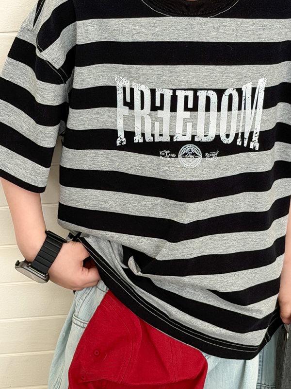 Tricou pentru copii cu dungi și litere, mâneci scurte, 100% bumbac, guler rotund, unisex, Vară 2026