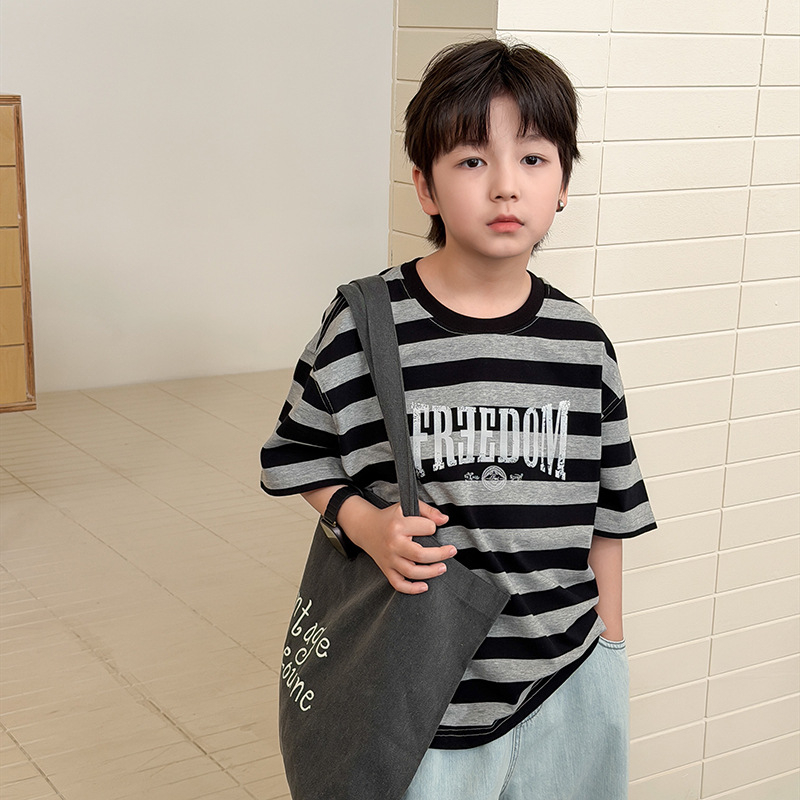 Tricou pentru copii cu dungi și litere, mâneci scurte, 100% bumbac, guler rotund, unisex, Vară 2026