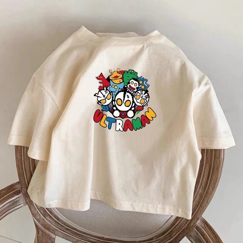 Tricou pentru copii cu mânecă scurtă, guler rotund, 100% bumbac, culoare piersică solidă, stil coreean, croi lejer