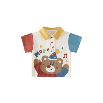 Tricou color-block pentru copii, bumbac, mâneci scurte, guler rotund, imprimeu cu ursuleț drăguț, vară