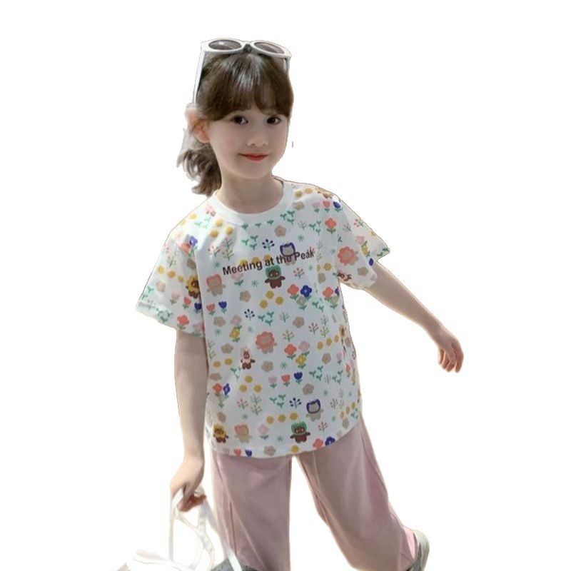 Tricou scurt pentru fete, vară, model 2025, guler rotund, material moale din amestec poliester, imprimeu cu personaje de desene animate și litere