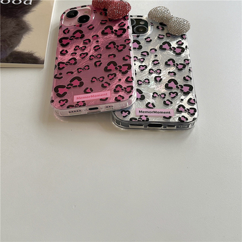 Husă pentru iPhone 11–14 Pro/Max cu funda leopard și cristale, relief, TPU+PC
