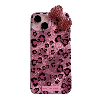 Husă pentru iPhone 11–14 Pro/Max cu funda leopard și cristale, relief, TPU+PC