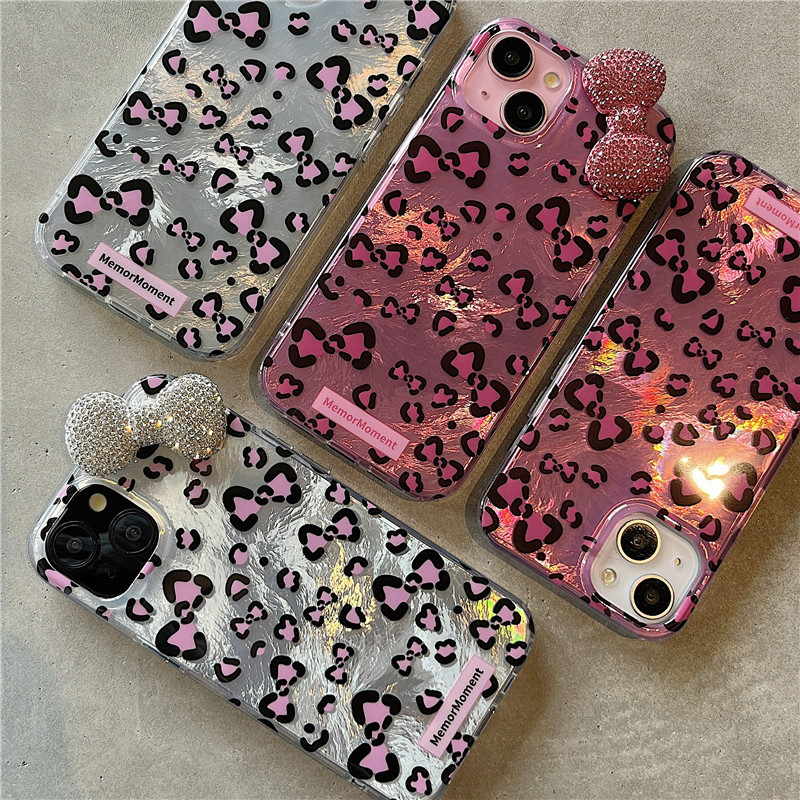 Husă pentru iPhone 11–14 Pro/Max cu funda leopard și cristale, relief, TPU+PC