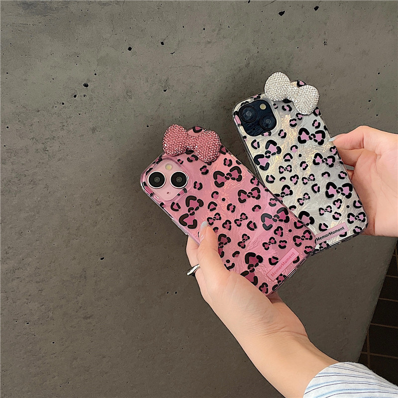 Husă pentru iPhone 11–14 Pro/Max cu funda leopard și cristale, relief, TPU+PC