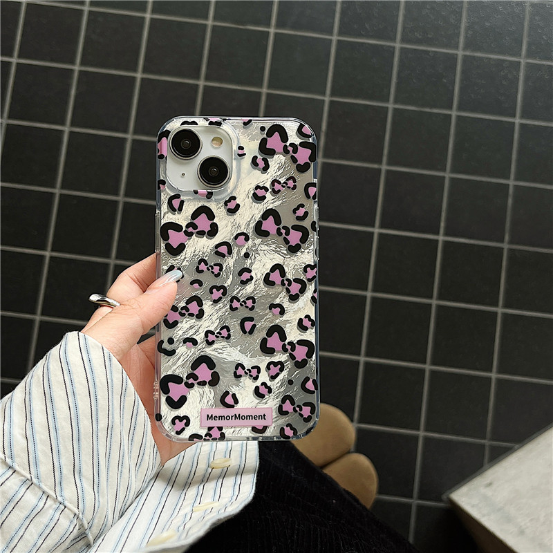 Husă pentru iPhone 11–14 Pro/Max cu funda leopard și cristale, relief, TPU+PC