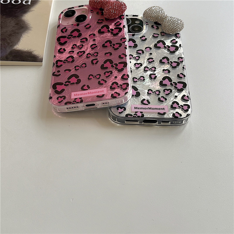 Husă pentru iPhone 11–14 Pro/Max cu funda leopard și cristale, relief, TPU+PC