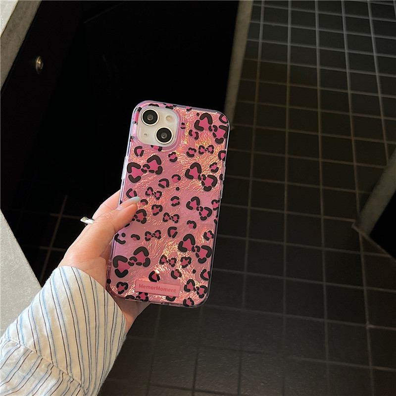 Husă pentru iPhone 11–14 Pro/Max cu funda leopard și cristale, relief, TPU+PC