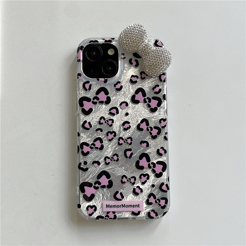Husă pentru iPhone 11–14 Pro/Max cu funda leopard și cristale, relief, TPU+PC