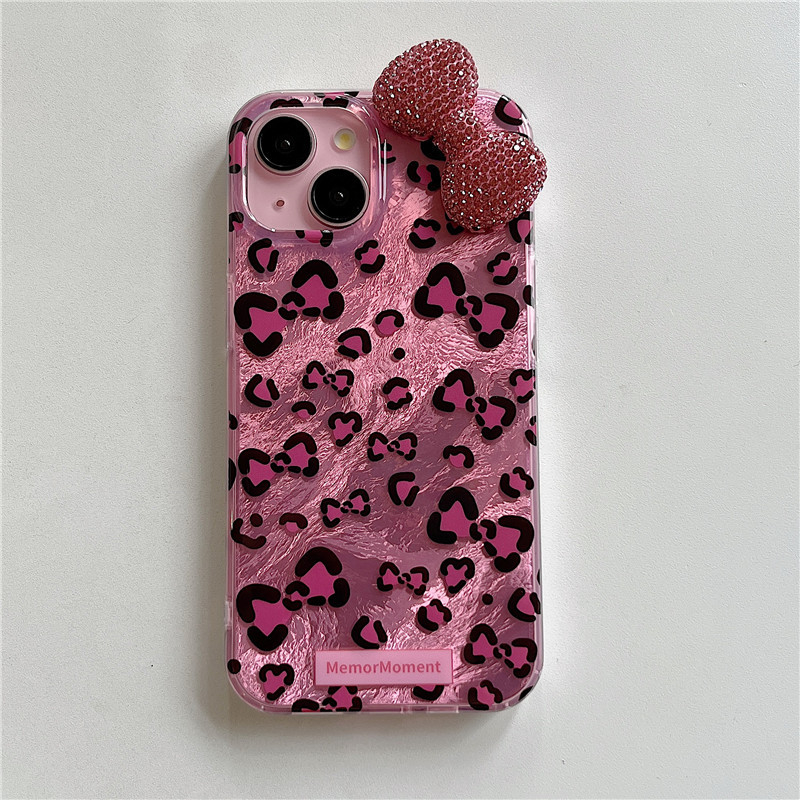 Husă pentru iPhone 11–14 Pro/Max cu funda leopard și cristale, relief, TPU+PC