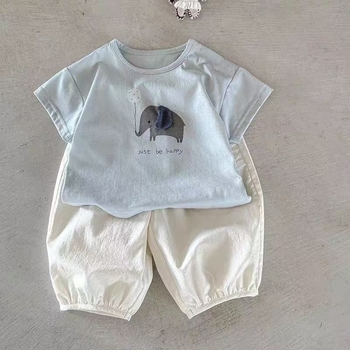 Set de două piese pentru bebeluși: tricou cu mânecă scurtă și pantaloni, vară 2026, outfit ușor din bumbac cu imprimeu de desene animate, pentru nou-născuți (0–12 luni)