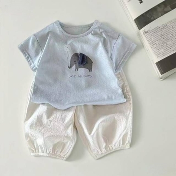 Set de două piese pentru bebeluși: tricou cu mânecă scurtă și pantaloni, vară 2026, outfit ușor din bumbac cu imprimeu de desene animate, pentru nou-născuți (0–12 luni)