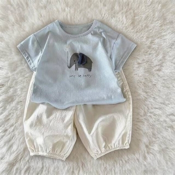 Set de două piese pentru bebeluși: tricou cu mânecă scurtă și pantaloni, vară 2026, outfit ușor din bumbac cu imprimeu de desene animate, pentru nou-născuți (0–12 luni)