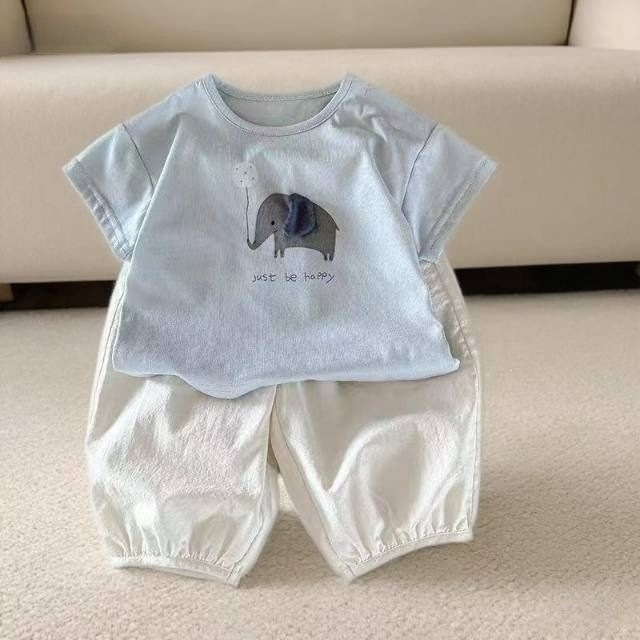 Set de două piese pentru bebeluși: tricou cu mânecă scurtă și pantaloni, vară 2026, outfit ușor din bumbac cu imprimeu de desene animate, pentru nou-născuți (0–12 luni)
