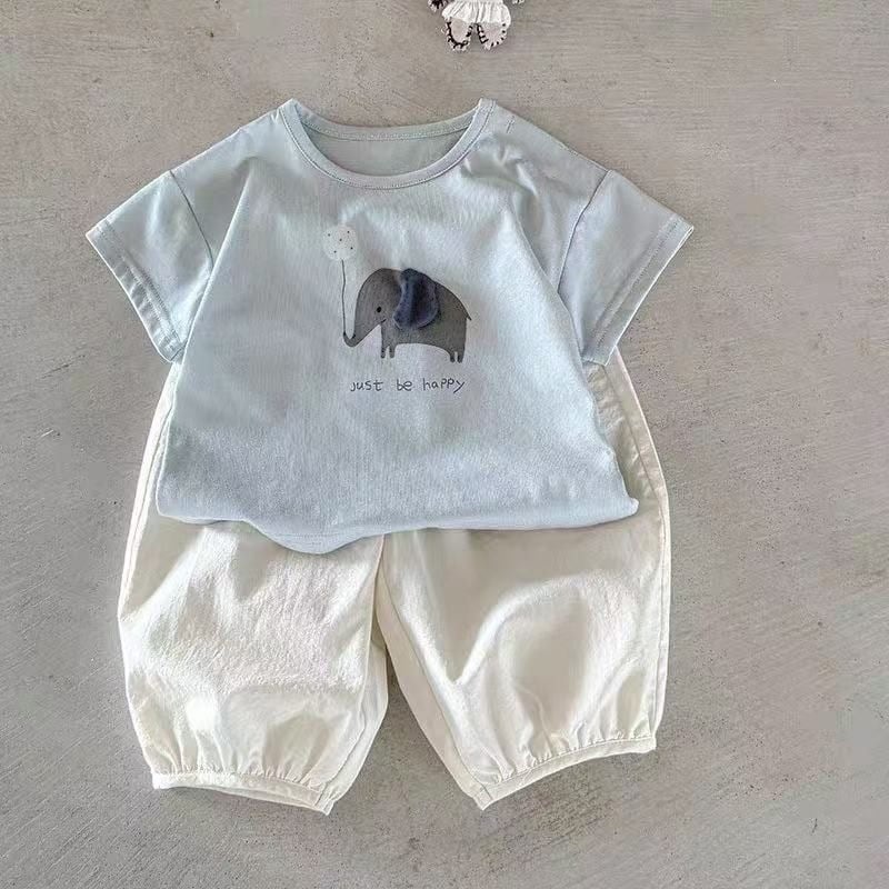 Set de două piese pentru bebeluși: tricou cu mânecă scurtă și pantaloni, vară 2026, outfit ușor din bumbac cu imprimeu de desene animate, pentru nou-născuți (0–12 luni)