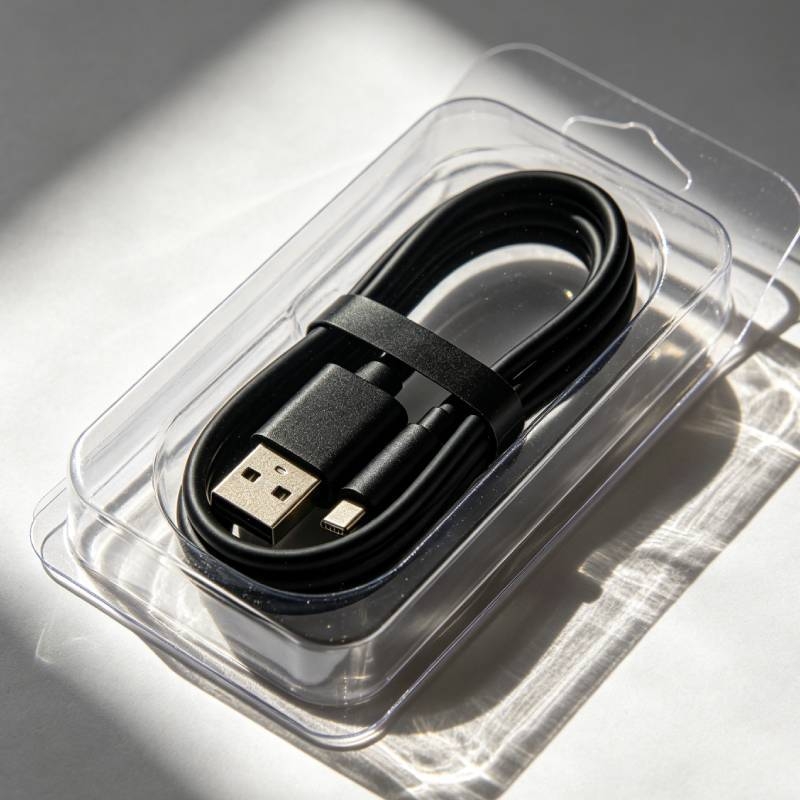 Cutie blister PET pentru cablu de încărcare telefon, carcasă blister transparentă cu muchii pliabile, card hardware din hârtie