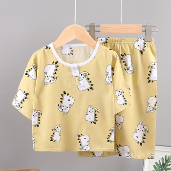 Set de vară pentru copii din bumbac-satin, două piese, unisex, mâneci 3/4, imprimare desen animat, pijama de casă