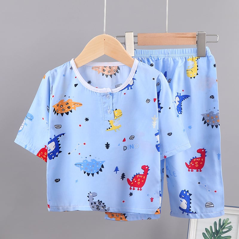 Set de vară pentru copii din bumbac-satin, două piese, unisex, mâneci 3/4, imprimare desen animat, pijama de casă
