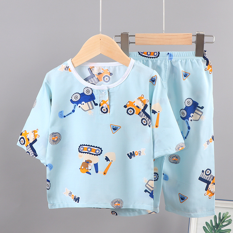 Set de vară pentru copii din bumbac-satin, două piese, unisex, mâneci 3/4, imprimare desen animat, pijama de casă