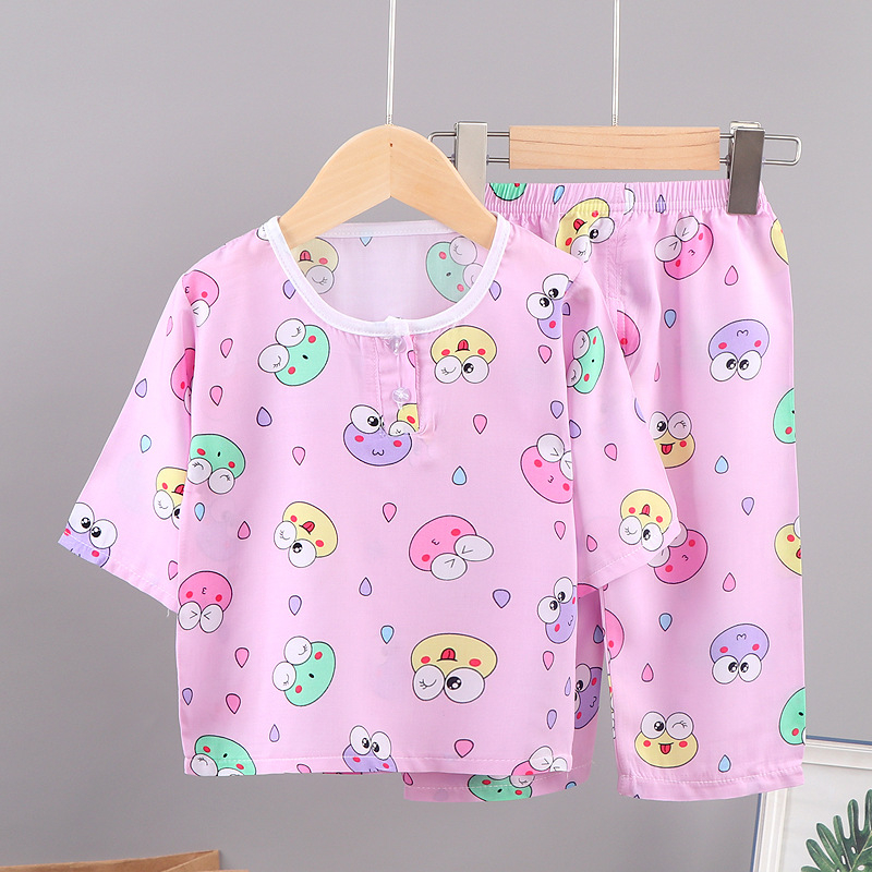 Set de vară pentru copii din bumbac-satin, două piese, unisex, mâneci 3/4, imprimare desen animat, pijama de casă