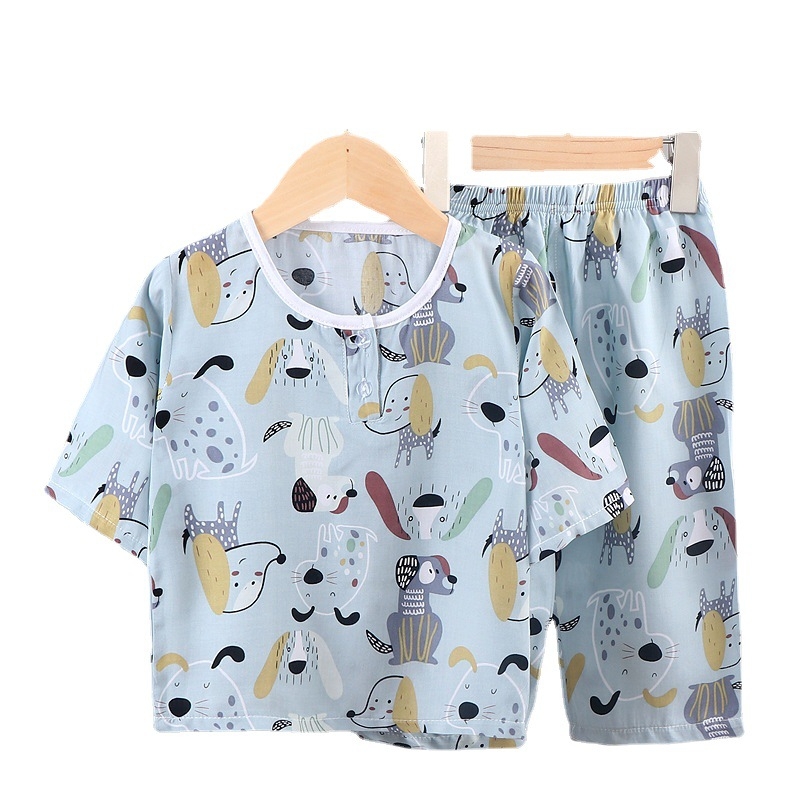 Set de vară pentru copii din bumbac-satin, două piese, unisex, mâneci 3/4, imprimare desen animat, pijama de casă