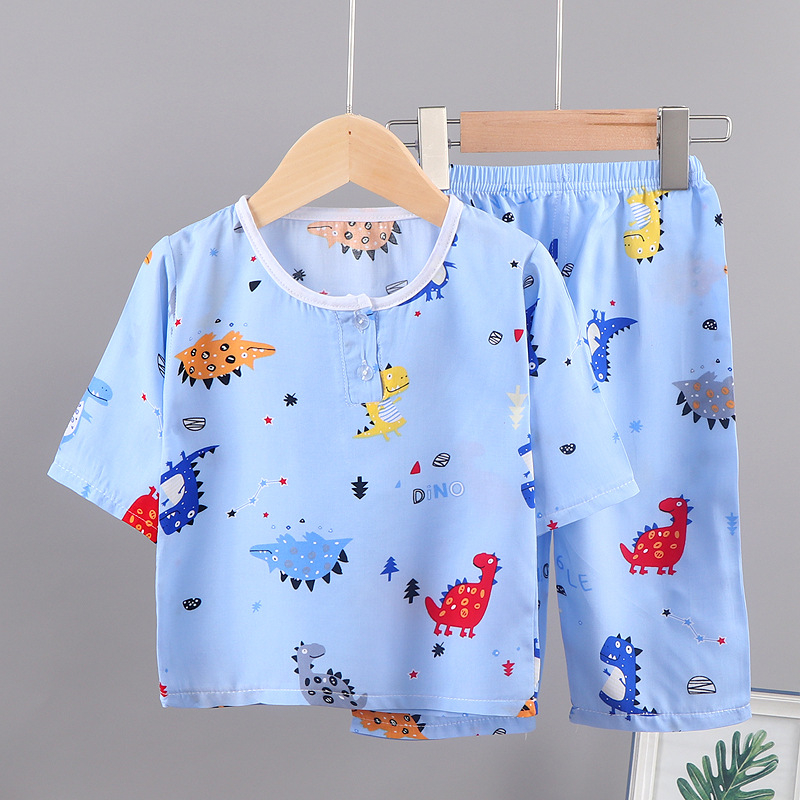 Set de vară pentru copii din bumbac-satin, două piese, unisex, mâneci 3/4, imprimare desen animat, pijama de casă