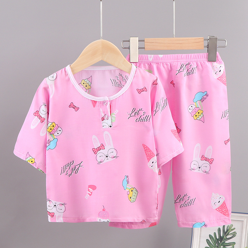 Set de vară pentru copii din bumbac-satin, două piese, unisex, mâneci 3/4, imprimare desen animat, pijama de casă