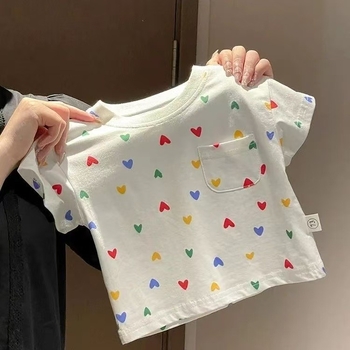 Set copii din bumbac, vară: tricou cu mâneci scurte și pantaloni scurți, imprimeu inimă, unisex