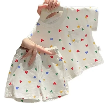 Set copii din bumbac, vară: tricou cu mâneci scurte și pantaloni scurți, imprimeu inimă, unisex