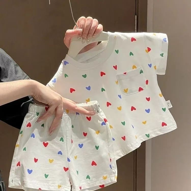 Set copii din bumbac, vară: tricou cu mâneci scurte și pantaloni scurți, imprimeu inimă, unisex