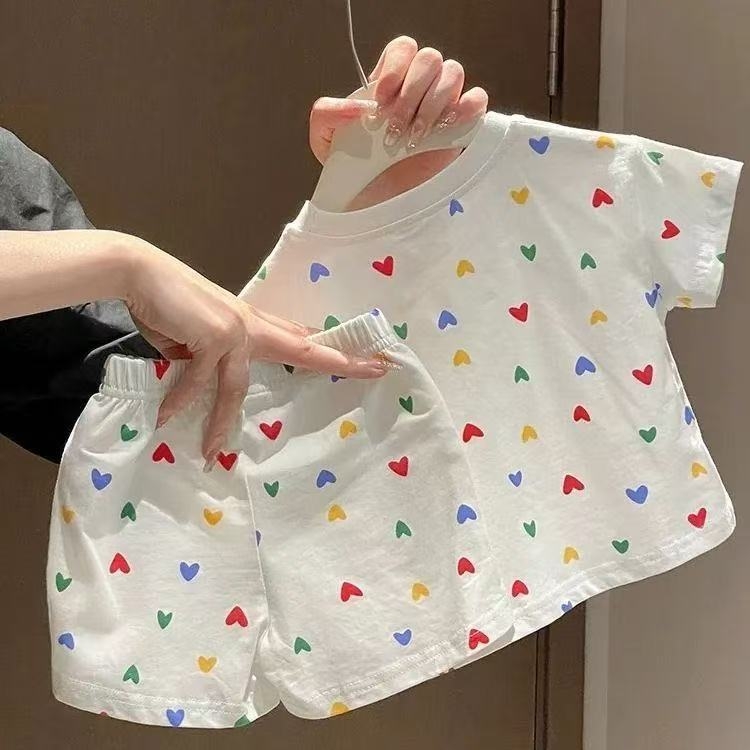 Set copii din bumbac, vară: tricou cu mâneci scurte și pantaloni scurți, imprimeu inimă, unisex