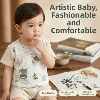 Set pentru bebeluși din două piese: tricou cu mâneci scurte și pantaloni scurți din bumbac 100%, ușor, fără cusături, prietenos cu pielea, respirabil, pentru primăvară-vară, haine de casă.