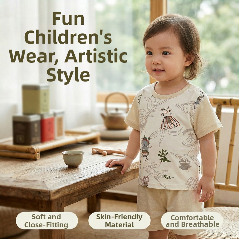 Set pentru bebeluși din două piese: tricou cu mâneci scurte și pantaloni scurți din bumbac 100%, ușor, fără cusături, prietenos cu pielea, respirabil, pentru primăvară-vară, haine de casă.