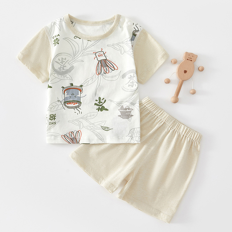 Set pentru bebeluși din două piese: tricou cu mâneci scurte și pantaloni scurți din bumbac 100%, ușor, fără cusături, prietenos cu pielea, respirabil, pentru primăvară-vară, haine de casă.