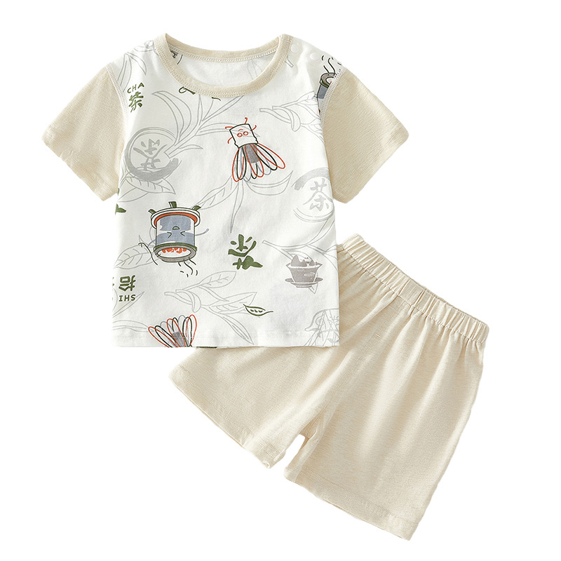 Set pentru bebeluși din două piese: tricou cu mâneci scurte și pantaloni scurți din bumbac 100%, ușor, fără cusături, prietenos cu pielea, respirabil, pentru primăvară-vară, haine de casă.