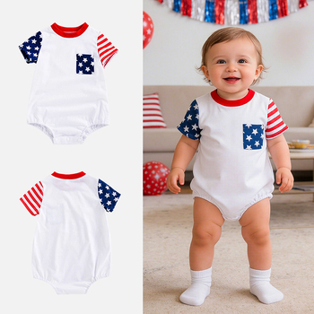 Romper de vară pentru bebeluși, unisex, mâneci scurte, cu motive stele și dungi, buzunar mic