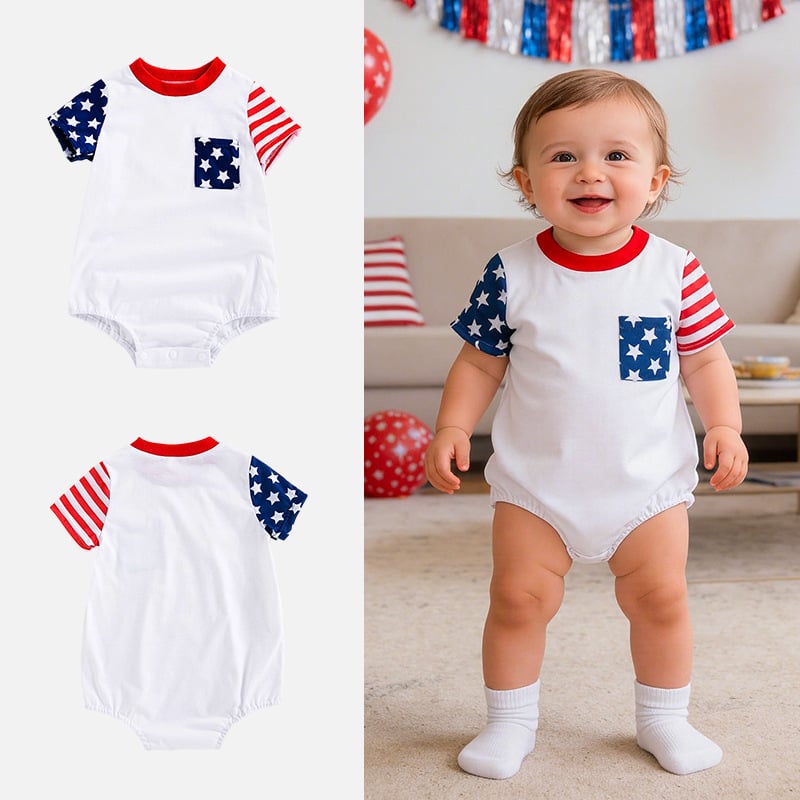 Romper de vară pentru bebeluși, unisex, mâneci scurte, cu motive stele și dungi, buzunar mic