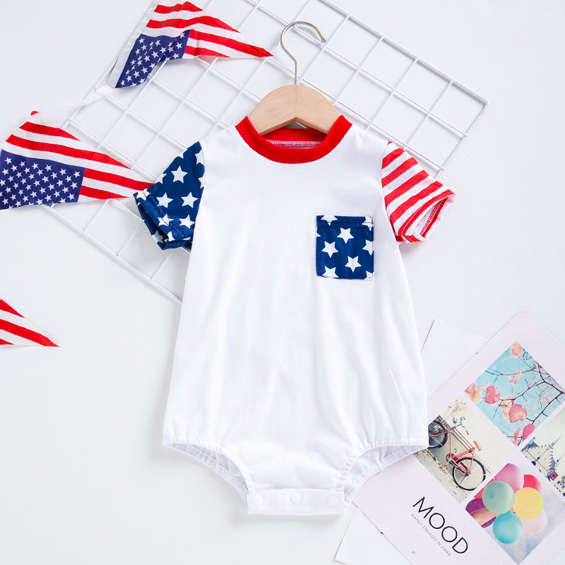Romper de vară pentru bebeluși, unisex, mâneci scurte, cu motive stele și dungi, buzunar mic