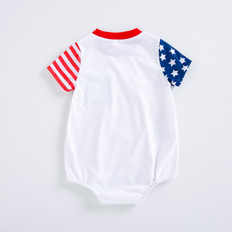 Romper de vară pentru bebeluși, unisex, mâneci scurte, cu motive stele și dungi, buzunar mic