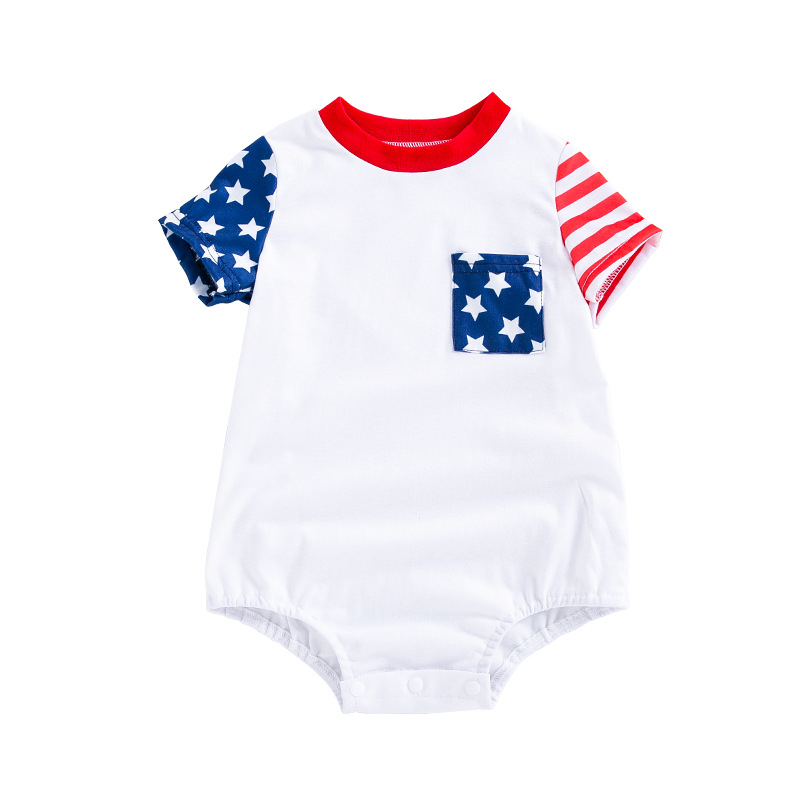 Romper de vară pentru bebeluși, unisex, mâneci scurte, cu motive stele și dungi, buzunar mic
